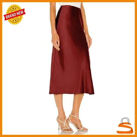 Satin Silk High Waist Slit Midi Skirt Elastic Waistband Flowy - Picture 3 of 8